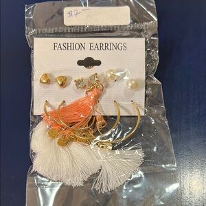 Gold and White Dangle Earrings with Tassels